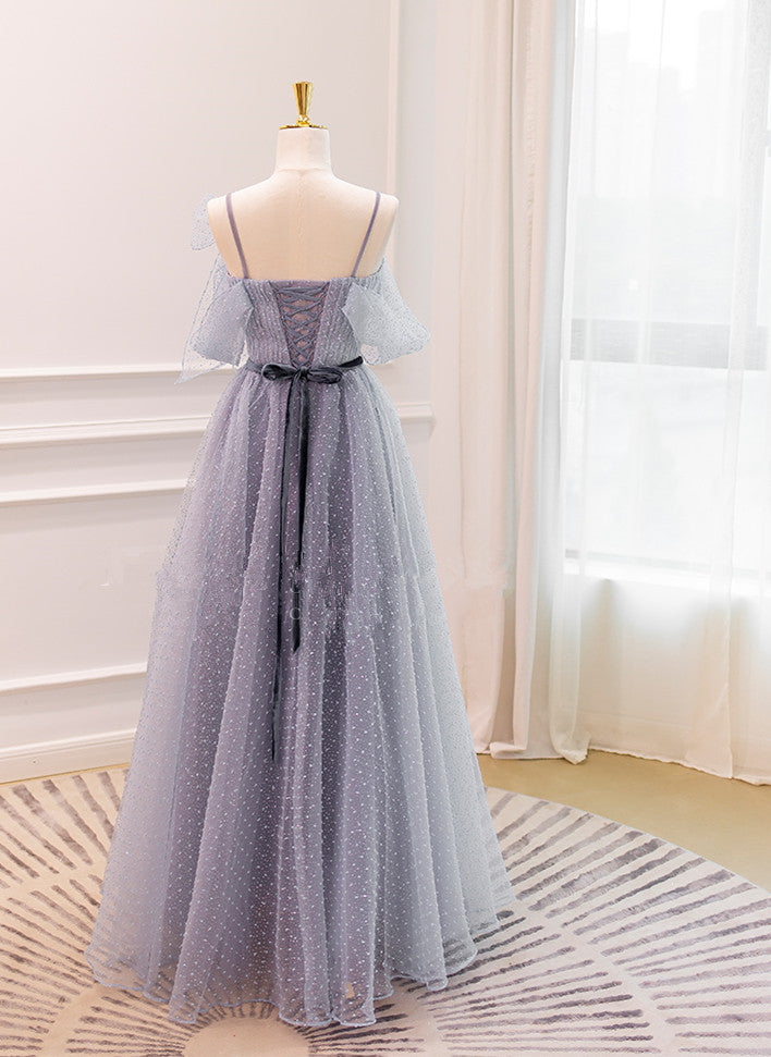 Grey A-line Straps Tulle Floor Length Party Dress, Grey Evening Dress