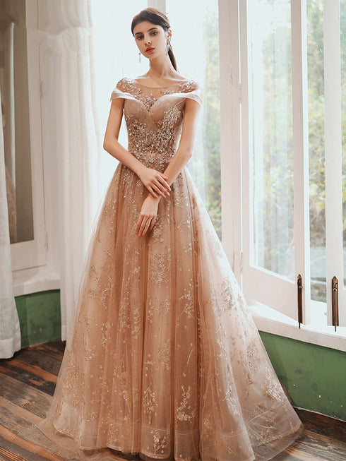 Champagne with Lace Short Sleeves Prom Dress, A-line Long Evening Party Dress