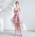 Pink Straps High Low V-neckline Tulle Lace and Beaded Prom Dress, Pink Homecoming Dress