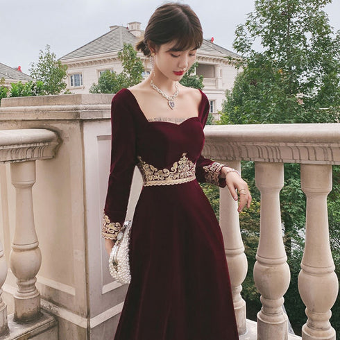 Elegant Wine Red Velvet Long Sleeves Party Dress, Dark Red Evening Dress