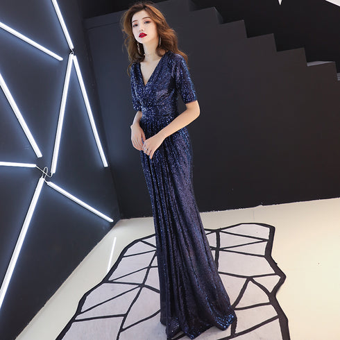 Blue Sequins Short Sleeves A-line Long Bridesmaid Dresses, Sequins Evening Dress Party Dress