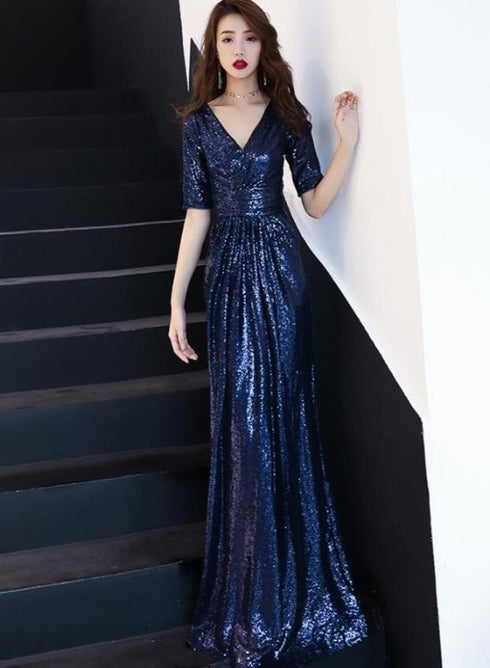 Blue Sequins Short Sleeves A-line Long Bridesmaid Dresses, Sequins Evening Dress Party Dress