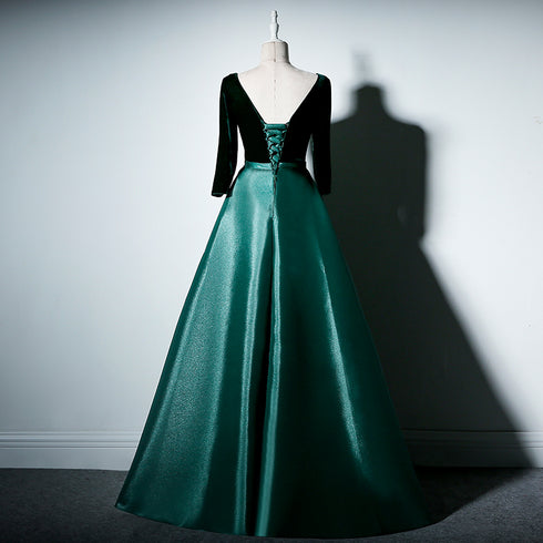 Beautiful Satin and Velvet Short Sleeves Prom Dress, A-line Green Party Dress