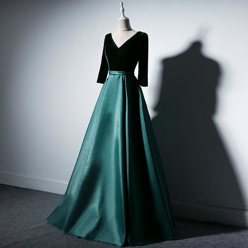 Beautiful Satin and Velvet Short Sleeves Prom Dress, A-line Green Party Dress