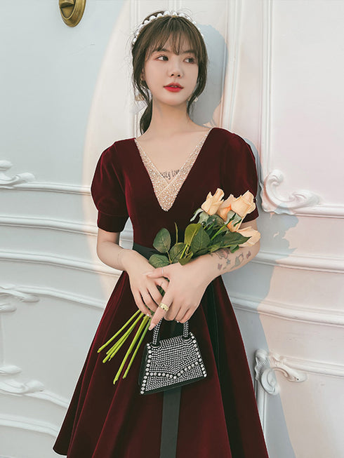 Wine Red Velvet Homecoming Dress Prom Dresses, Velvet Bridesmaid Dresses