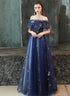 Navy Blue Off Shoulder A-line Long Party Dress, Blue Tulle Prom Dress Evening Dress