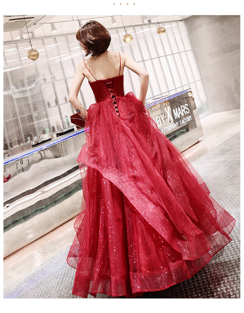 Wine Red Tulle V-neckline Long Party Dresses, A-line Straps Tulle Formal Gown Evening Dress