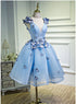 Cute Blue V-neckline Tulle Party Dress, Homecoming Dresses with Applique