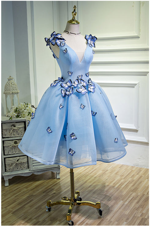 Cute Blue V-neckline Tulle Party Dress, Homecoming Dresses with Applique