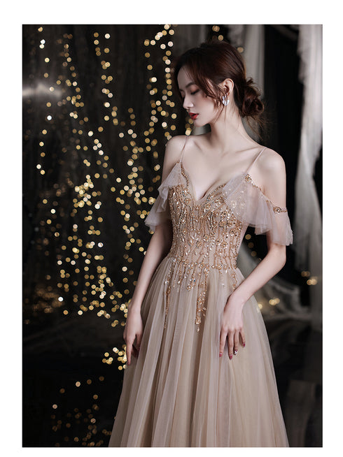 Charming V-neckline Beaded Tulle Straps Prom Dress, Pink Party Dress Evening Dress