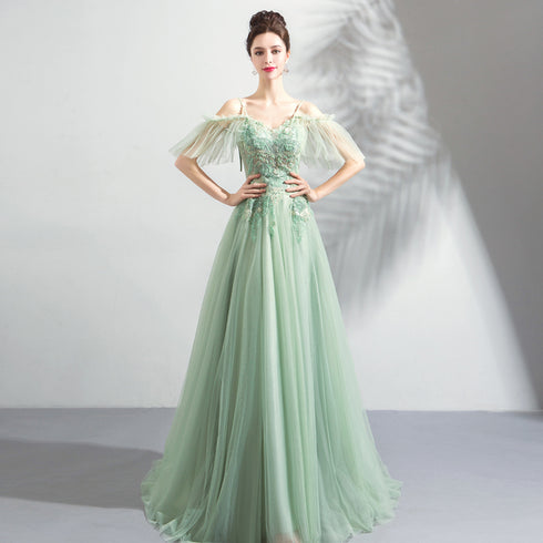Beautiful Green Off Shoulder Sweetheart Lace Beaded Evening Dresses, Green Formal Dresses