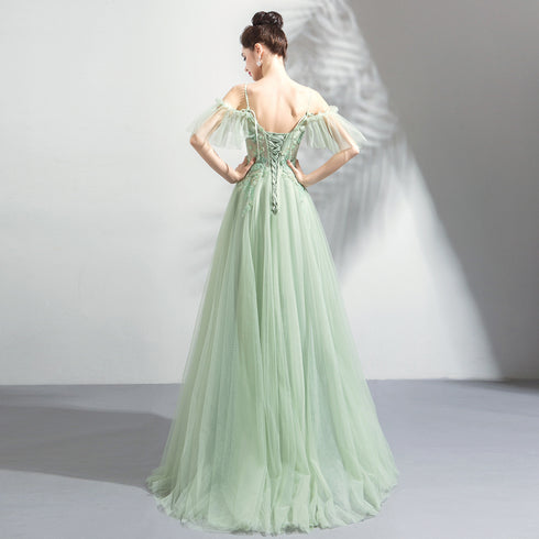 Beautiful Green Off Shoulder Sweetheart Lace Beaded Evening Dresses, Green Formal Dresses