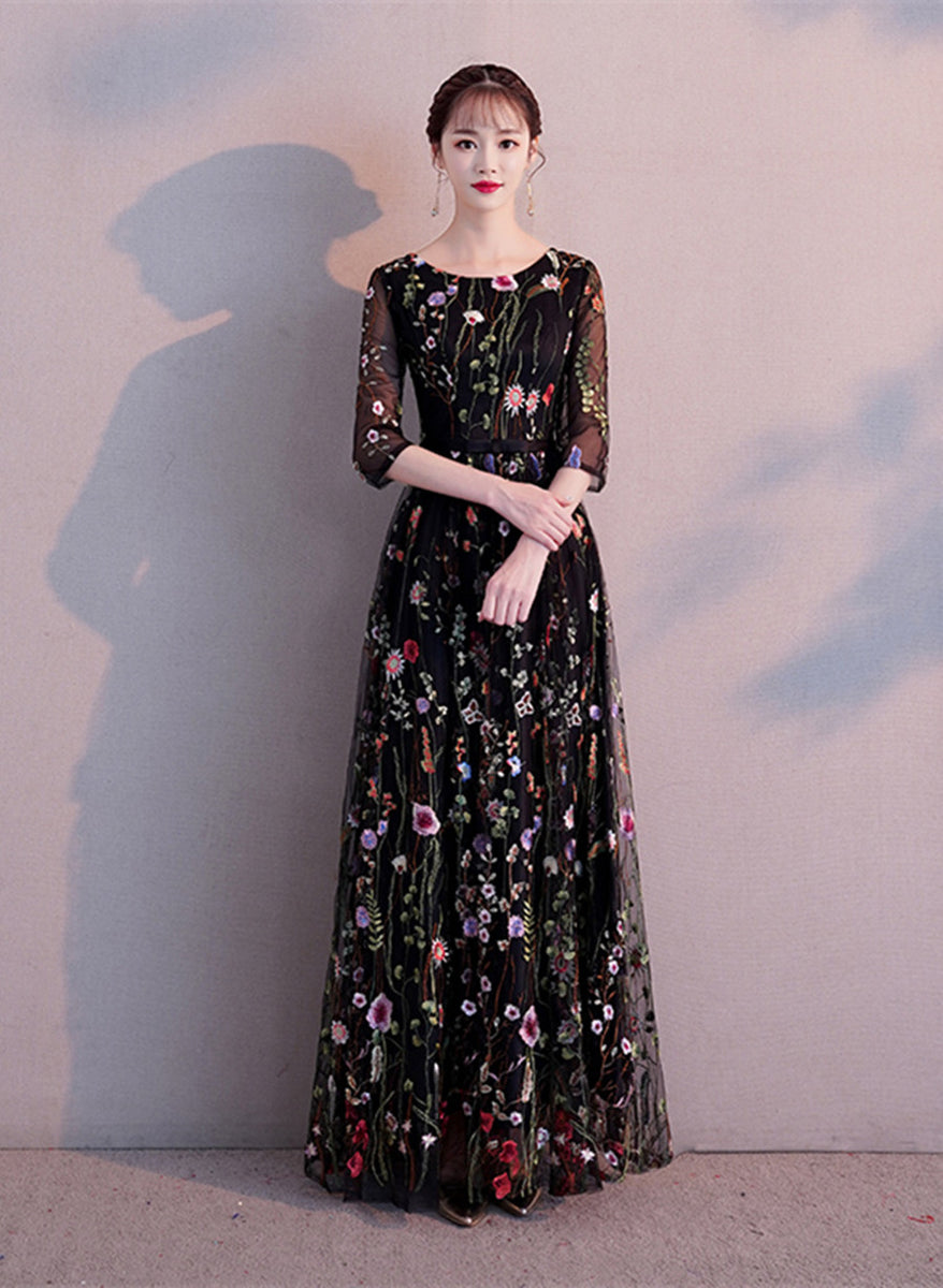 Black A-line Floral Tulle Prom Dress Party Dress, Black Evening Formal