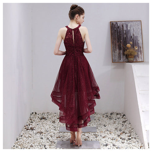 Beautiful Burgundy Halter High Low Tulle Lace Homecoming Dress, Short Party Dress Prom Dress