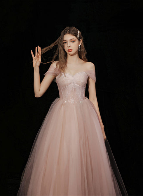 Pink Tulle Lace Beaded Off Shoulder Prom Dress, Pink A-line Party Dress