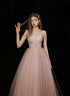 Pink Tulle Lace Beaded Off Shoulder Prom Dress, Pink A-line Party Dress