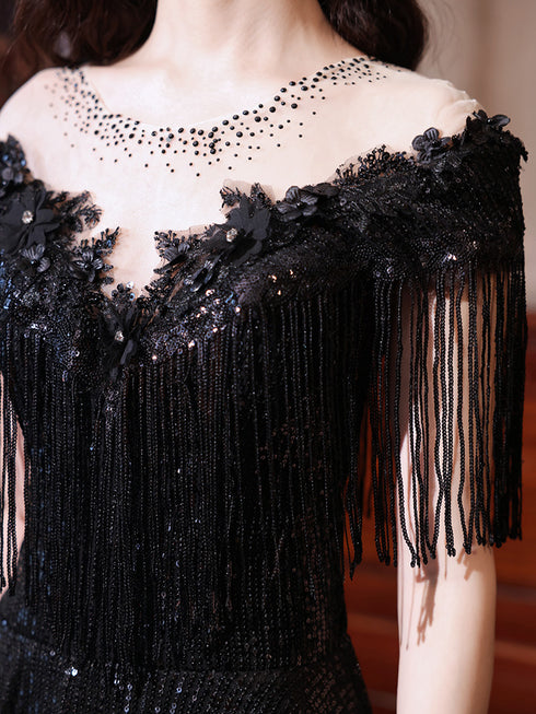 Black Sequins and Lace A-line Prom Dress, Black Formal Dress Party Dress
