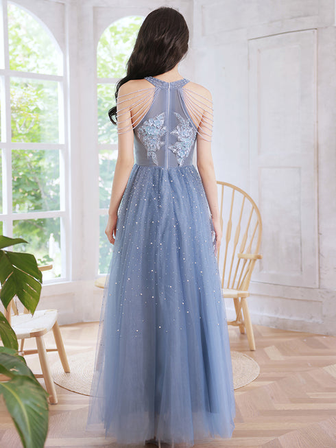 Blue Beaded and Lace Applique Long Party Dress, Blue Formal Dresses