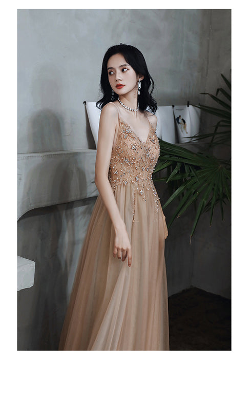 Sexy Champagne Beaded Deep V-neckline Long Party Dress, Tulle A-line Prom Dress Evening Dress