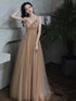 Sexy Champagne Beaded Deep V-neckline Long Party Dress, Tulle A-line Prom Dress Evening Dress