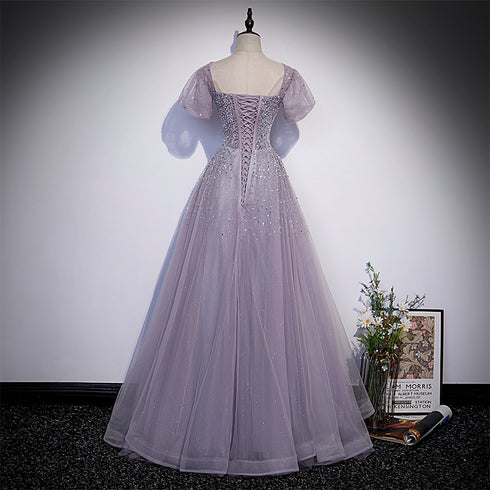 Beautiful Light Purple Sequins Short Sleeves Party Dress, Purple Formal Dresses