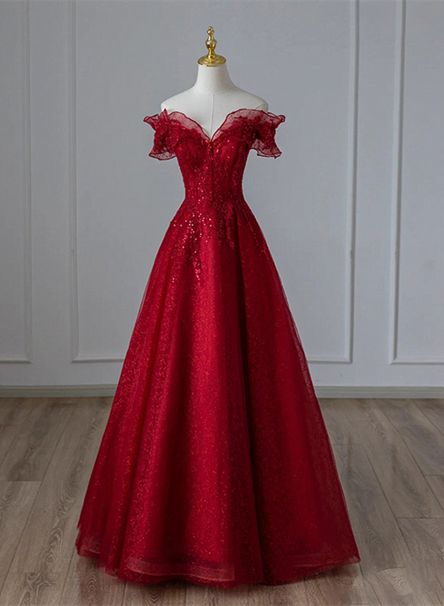 Wine Red A-Line Evening Dresses Gowns 2025 Beaded Bow Puffy Sleeves For Women Party LA71281