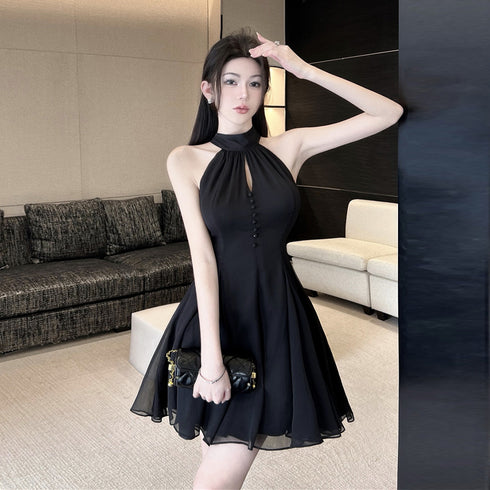 Black Halter Chiffon Short Homecoming Dress, Black Short Prom Dress