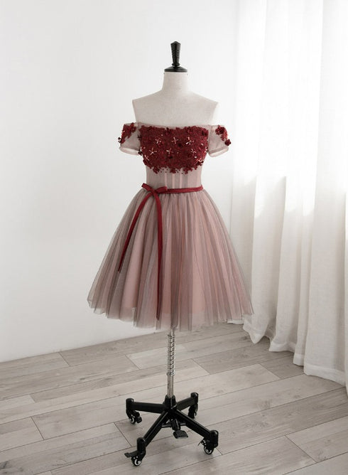 Beautiful Red Tulle Beaded and Lace Short Party Dresses, Off Shoulder Prom Dresses