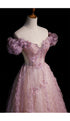 Pink Tulle Long Off Shoulder Party Dress with Flowers, Pink Evening Dress Prom Dress