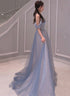 Light Blue Sweetheart Off Shoulder A-line Long Prom Dress, Blue Beaded Evening Dress