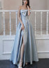 Blue Satin Long Prom Dress with Bow, A-line Blue Satin Party Dress