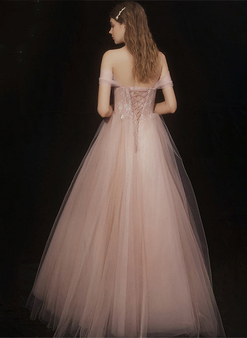 Pink Tulle Lace Beaded Off Shoulder Prom Dress, Pink A-line Party Dress