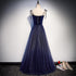 Beautiful Navy Blue Tulle Straps Long Velvet Party Dress, Blue Prom Dress