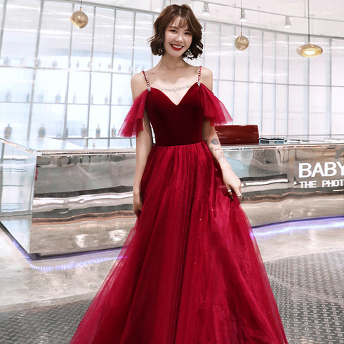 Charming Wine Red Straps Long Evening Party Dresses, A-line Straps Prom Dresses