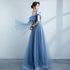 Blue Shiny Tulle Off Shoulder Beaded Straps A-line Party Dress, Blue Long Prom Dress