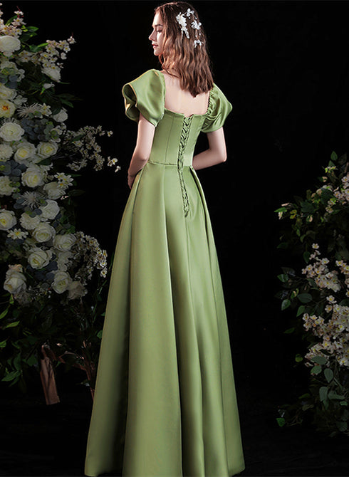 Green Satin Long Prom Dress iwith Short Sleeves, Green Party Dress Prom Dress