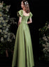 Green Satin Long Prom Dress iwith Short Sleeves, Green Party Dress Prom Dress