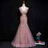Pink Mermaid Tulle Long Evening Dress with Lace, V-neckline Floor Length Prom Dress
