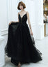 Black V-neckline Tulle with Lace Applique Long Prom Dress, Black Evening Dress