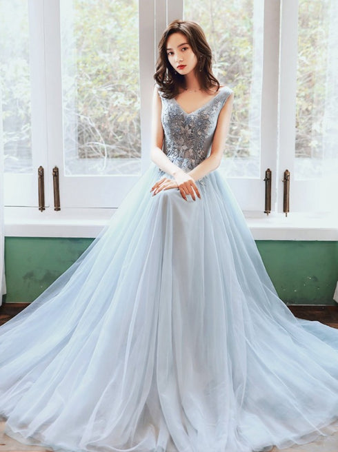 Light Blue V-neckline Tulle Long Prom Dress, A-line Tulle Evening Gown with Lace Applique