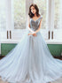 Light Blue V-neckline Tulle Long Prom Dress, A-line Tulle Evening Gown with Lace Applique