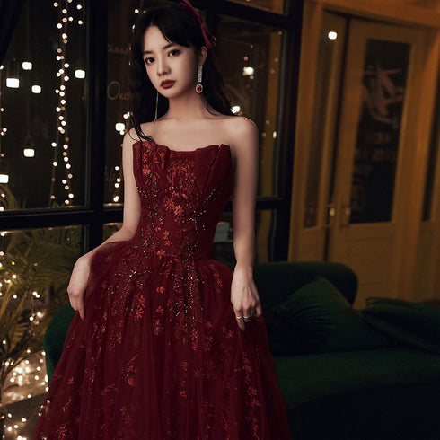 Wine Red Floral Lace and Tulle Long Evening Gown Party Dress, Burgundy Formal Dresses 2022