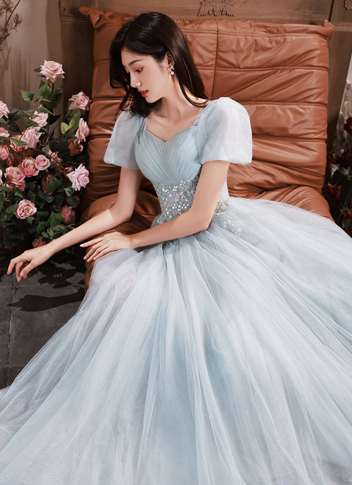 Light Blue Short Sleeves Beaded Tulle Long Party Dress, A-line Blue Fo