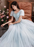 Light Blue Short Sleeves Beaded Tulle Long Party Dress, A-line Blue Formal Dresses