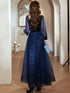 Navy Blue Tulle and Velvet Long Sleeves Party Dress, Simple A-line Prom Dress
