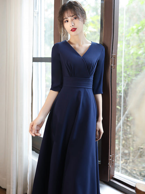 Navy Blue Simple V-neckline Wedding Party Dresses, Blue Bridesmaid Dresses