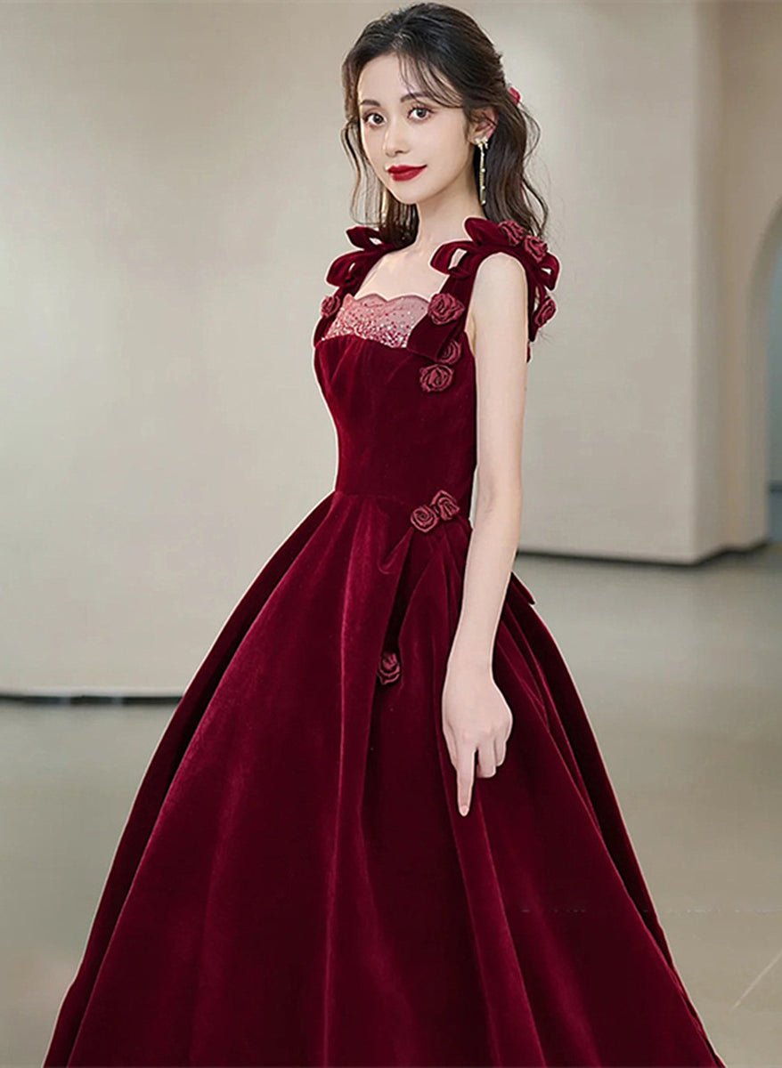 Pretty Wine Red Taffeta V-neckline Long Prom Dress, Wine Red Long Party Dress