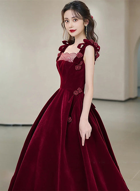 Wine Red Velvet Straps Flowers Lace-up Long Prom Dress, Wine Red Long Party Dress