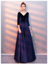 Navy Blue V-neckline Satin and Velvet Bridesmaid Dress, Blue Wedding Party Dress