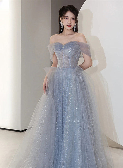 Off Shoulder Light Blue Tulle Long Party Dress, Shiny Tulle A-line Prom Dress